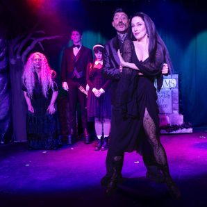 Rebecca Leeds (Grandma), Christopher Vournas (Lurch), Isabella Klein (Wednesday), Patrick Brannelly (Gomez Addams), Juliet Fischer (Morticia Addams), Rob Bergman (Uncle Fester), and Andrew Whitwell (Pugsley Addams)