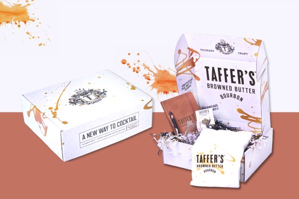 Our customer Jon Taffer asked us to create a Swag Box to introduce their new line called Taffer's Brown Butter Bourbon. The branded items shown are a cotton tee shirt, a leatherette journal and pen, a lapel pin, and an engraved Glencairn whiskey glass.
